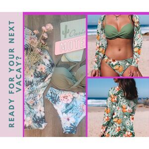 Tropical 3‎ Piece Bikini Set with Kimono | Twist Top Swimsuit -Size M (8-10)